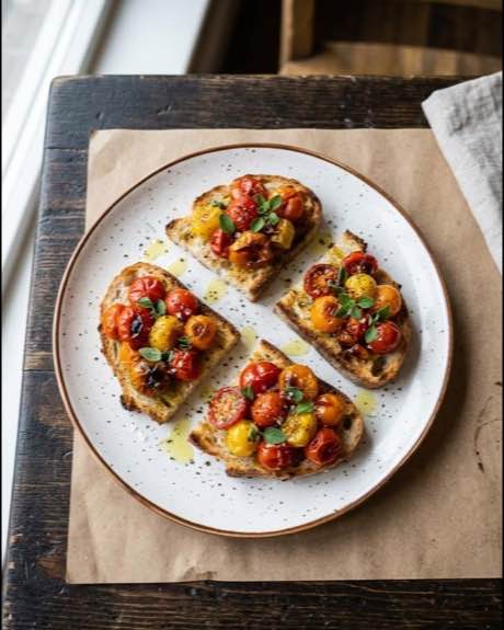 Bruschetta me domate të thekura dhe rigon në TOKË Lounge Tiranë