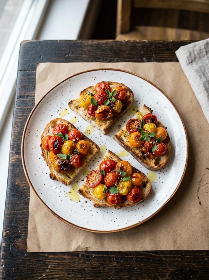 Bruschetta me domate të thekura dhe rigon në TOKË Lounge Tiranë