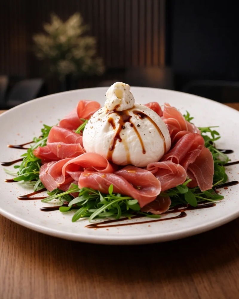 Djathë Burrata me rukola e krudo në TOKË Lounge Tiranë
