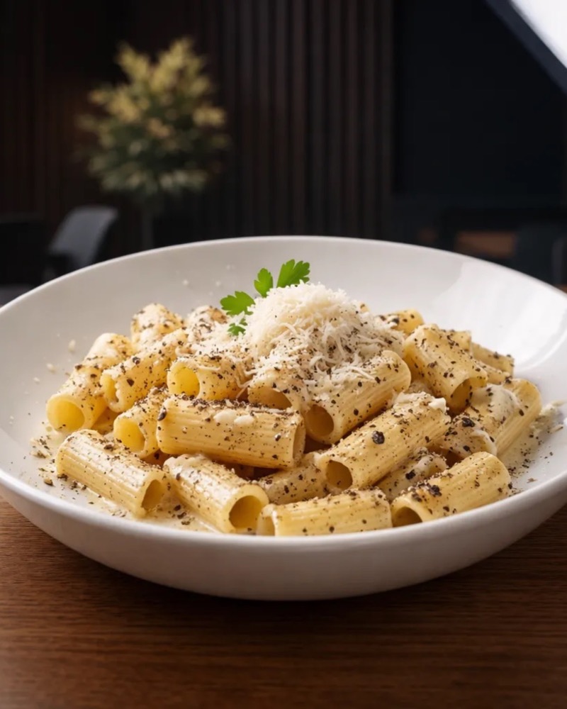 Rigatoni Cacio & Pepe në TOKË Lounge Tiranë