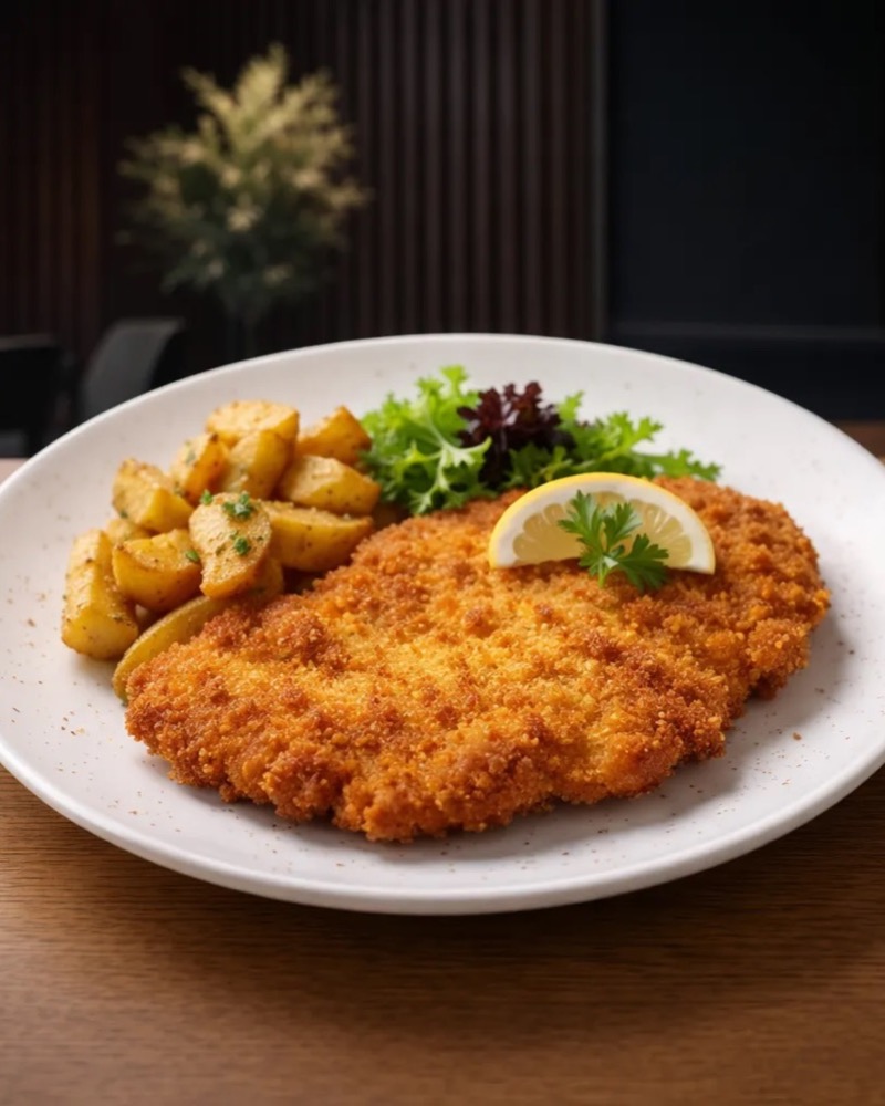 Viennese chicken schnitzel në TOKË Lounge Tiranë