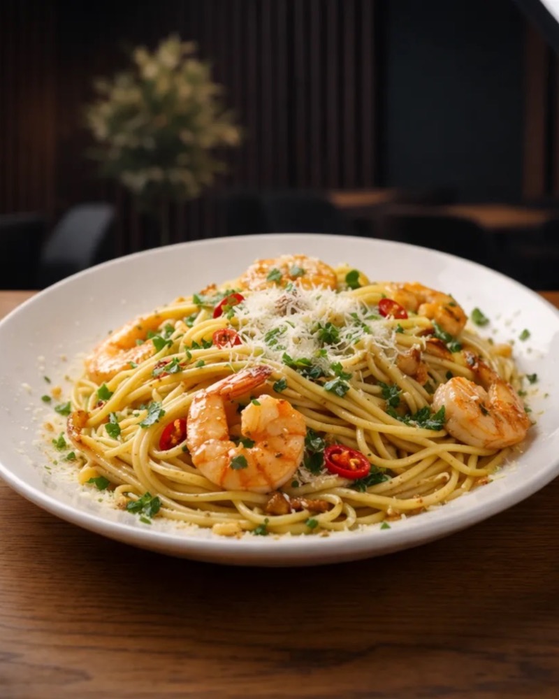 Spaghetti Aglio e Olio con Gamberi në TOKË Lounge Tiranë